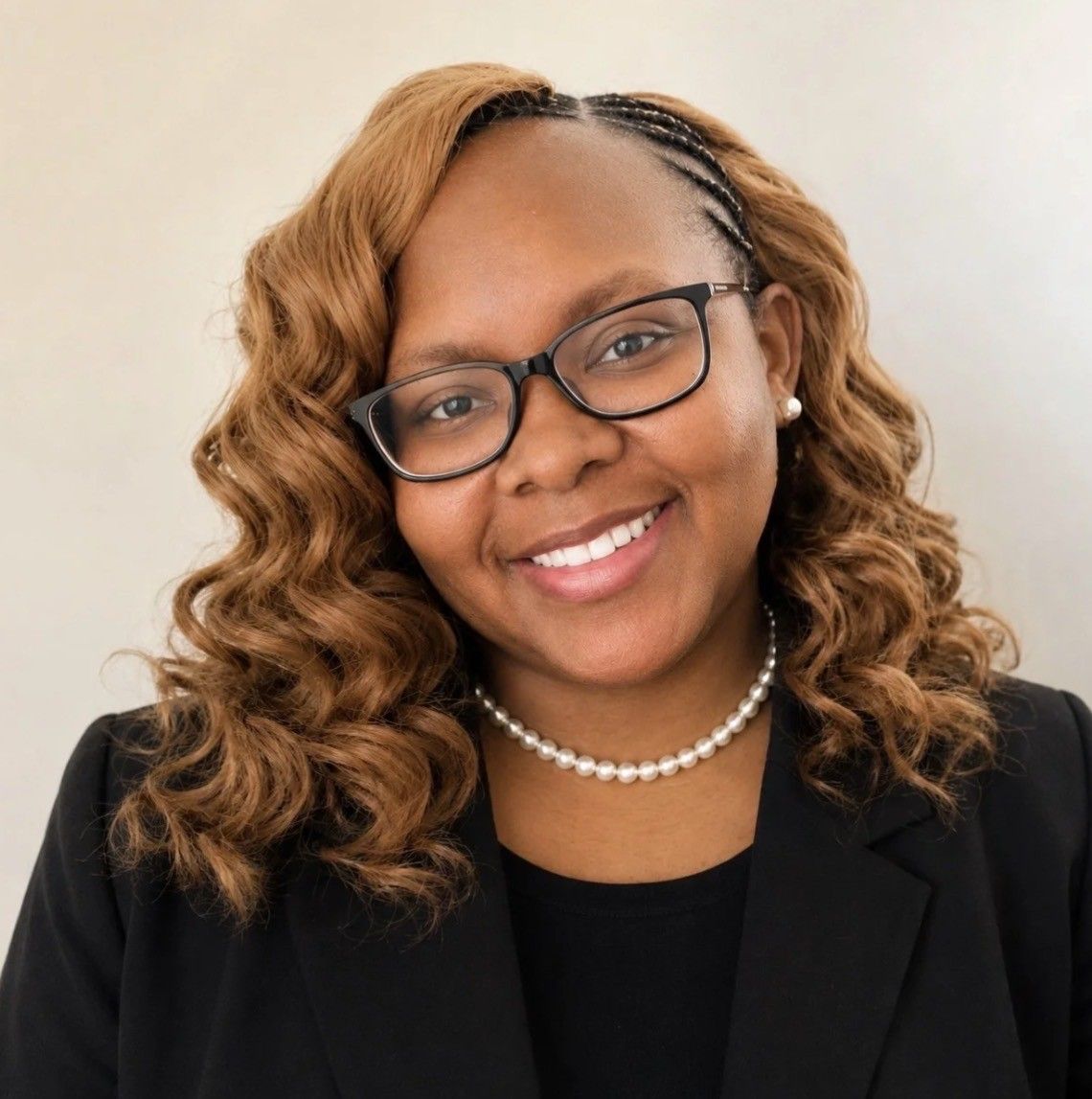 Courtney Brown, MSW, LCSWA Courtney Brown, MSW, LCSWA with glasses and curly hair in a black blazer, wearing a pearl necklace, against a light background