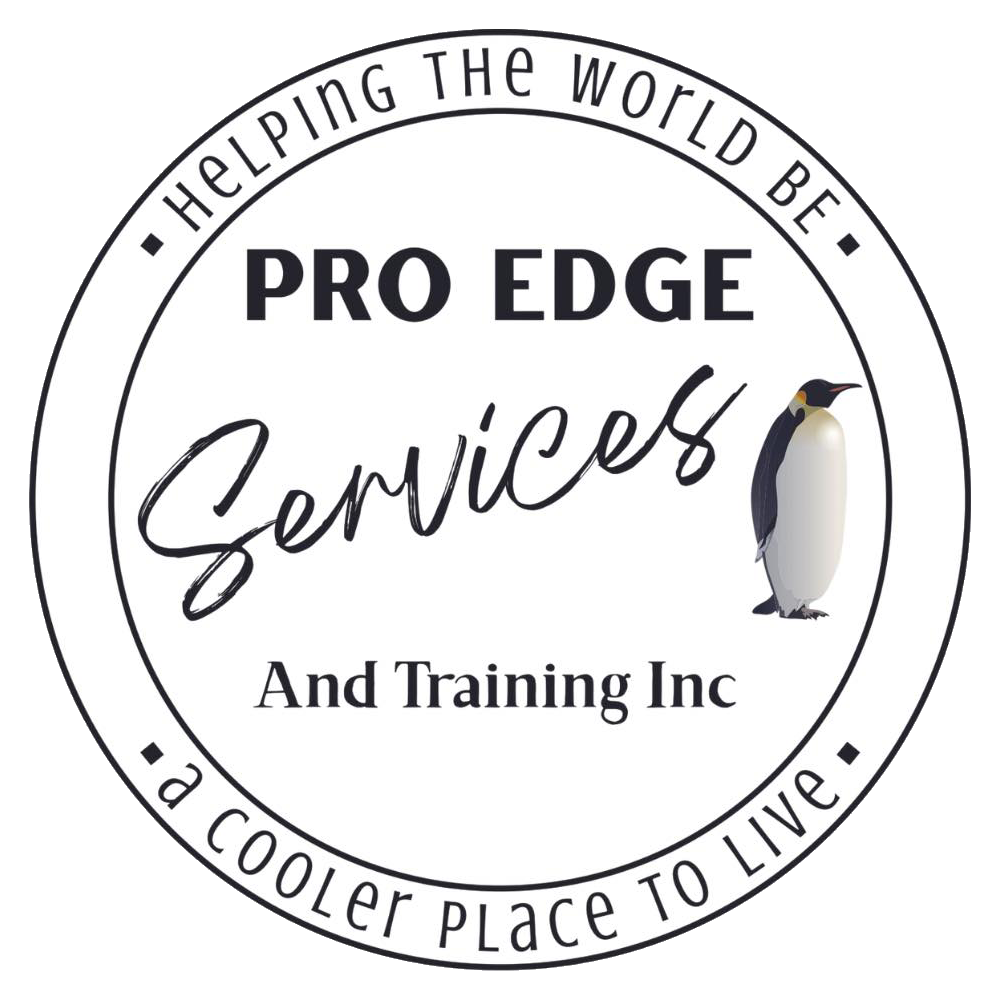 Logo for Pro Edge Services And Training Inc featuring the text in a circular frame with a penguin illustration.