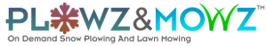 A logo for plowz & mowz on demand snow plowing and lawn mowing