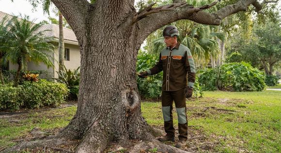 Local tree care professional inspecting a mature tree in Weston Florida
