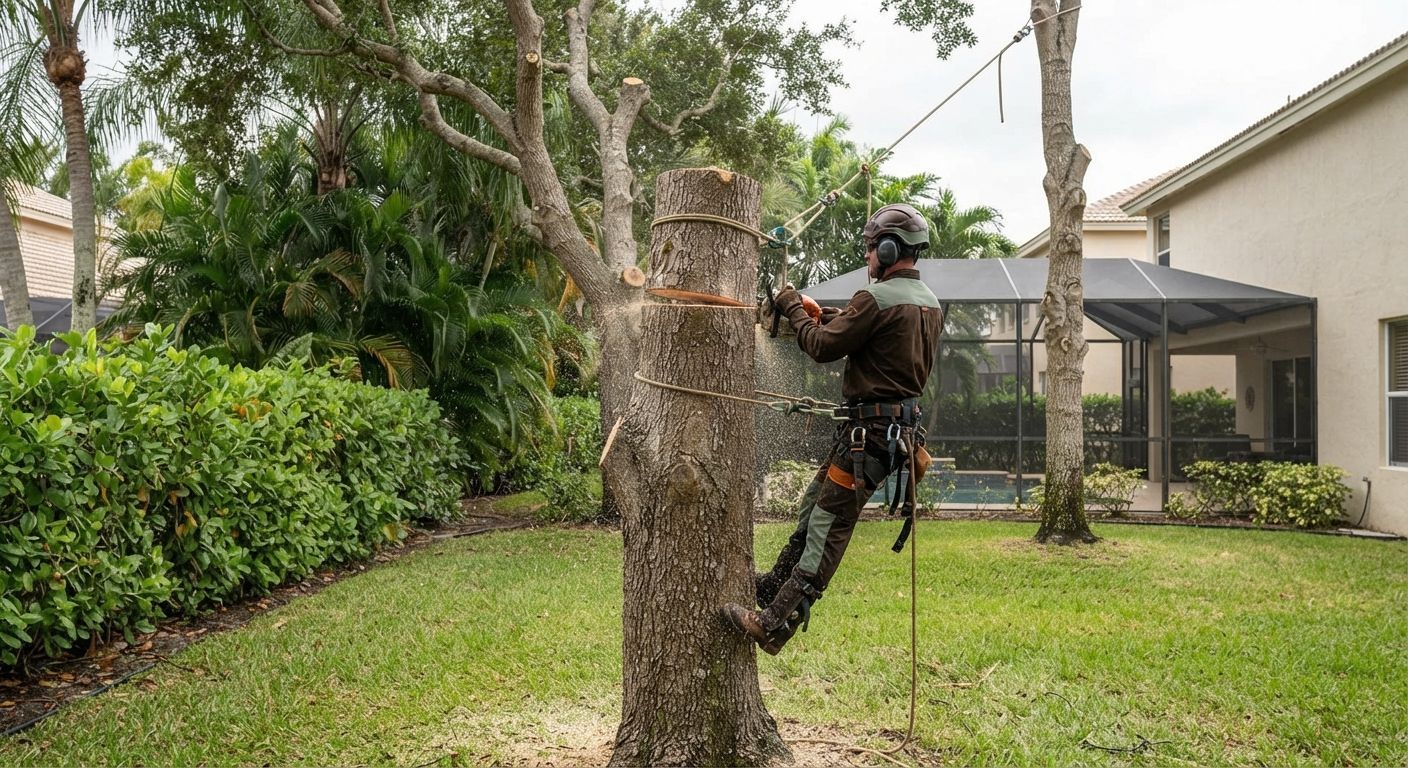 Tree removal technician cutting logs in Weston Florida