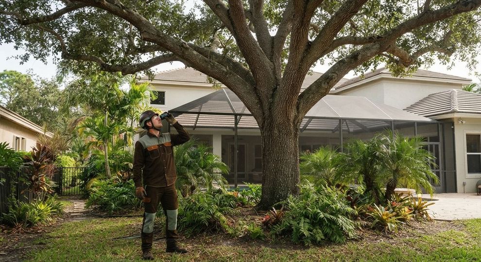 Arborist evaluating tree service cost factors in Weston Florida