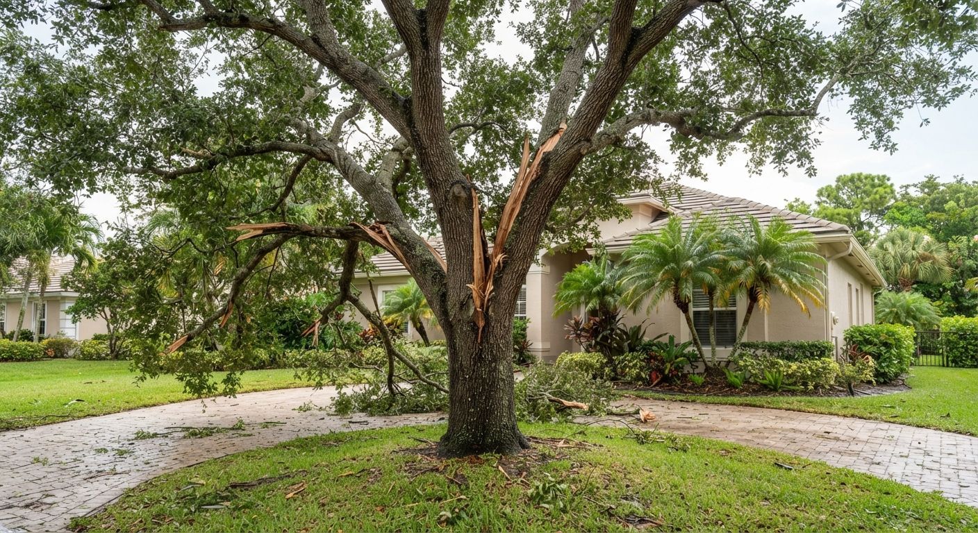 Storm-split tree requiring emergency removal in Weston Florida