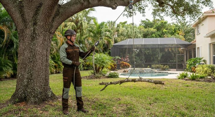 Expert tree care team using controlled rigging in Weston Florida