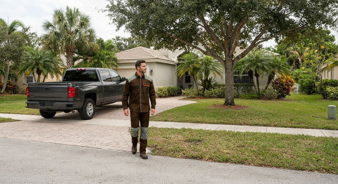Tree service technician arriving for a scheduled visit in Weston Florida