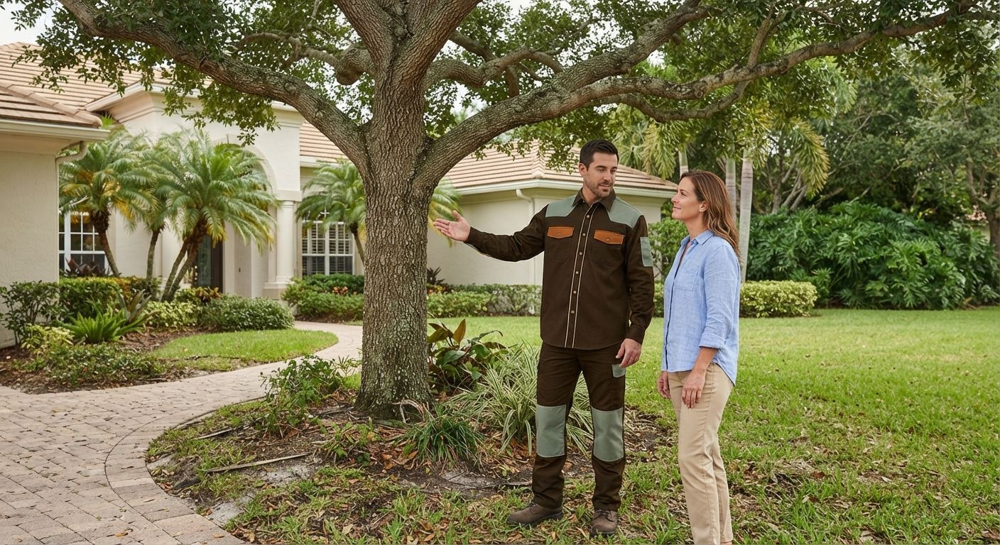 Tree assessment discussion between a homeowner and technician in Weston Florida