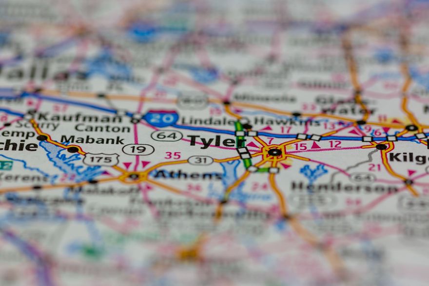 a close up of a map showing the location of Tyler