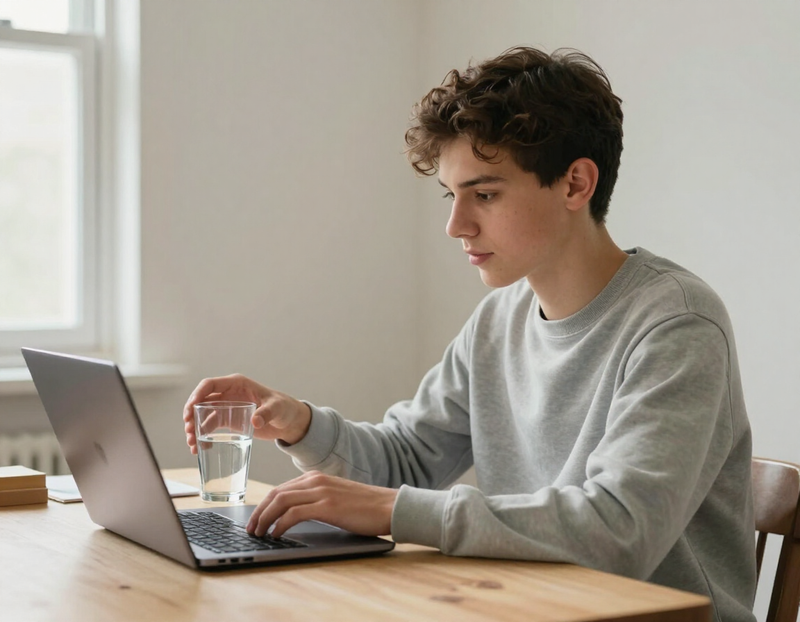 A teenager working on a laptop at a quiet home desk