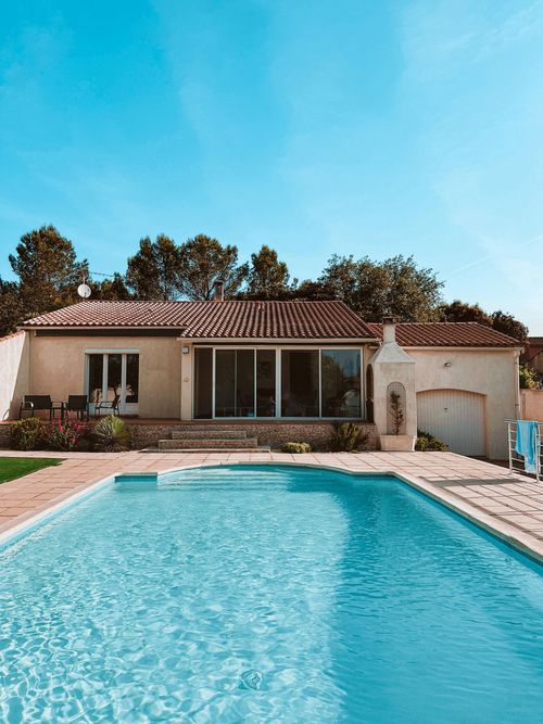 Backyard house with a swimming pool and clear blue sky