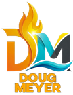 Doug Meyer logo with orange, yellow, teal, and gray letters topped by a flame