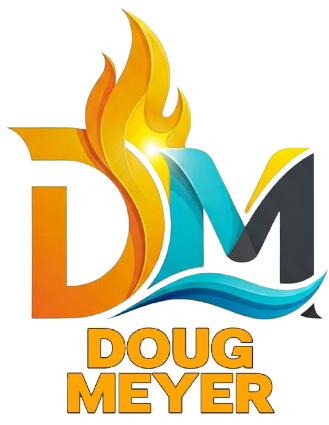 Doug Meyer logo with orange, yellow, teal, and gray letters topped by a flame