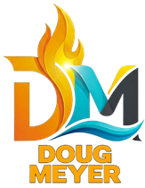 Doug Meyer logo with orange, yellow, teal, and gray letters topped by a flame