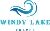 Windy Lake Travel logo with blue wave icon and text on white background