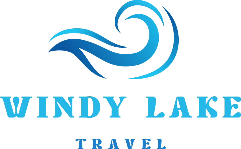 Windy Lake Travel logo with blue wave icon and text on white background