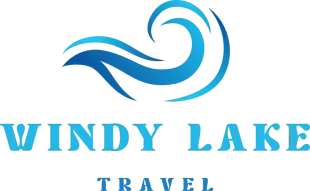 Windy Lake Travel logo with blue wave icon and text on white background