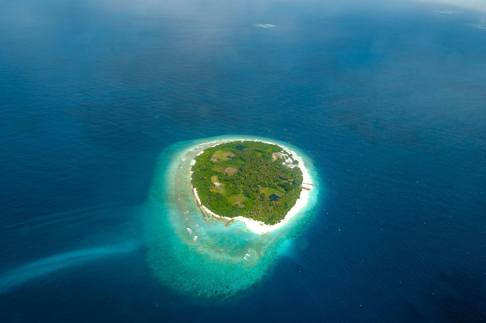 A small green island surrounded by bright turquoise water and deep blue ocean