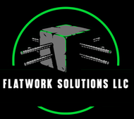 Flatwork Solutions LLC logo with green ring and concrete formwork graphic on black background