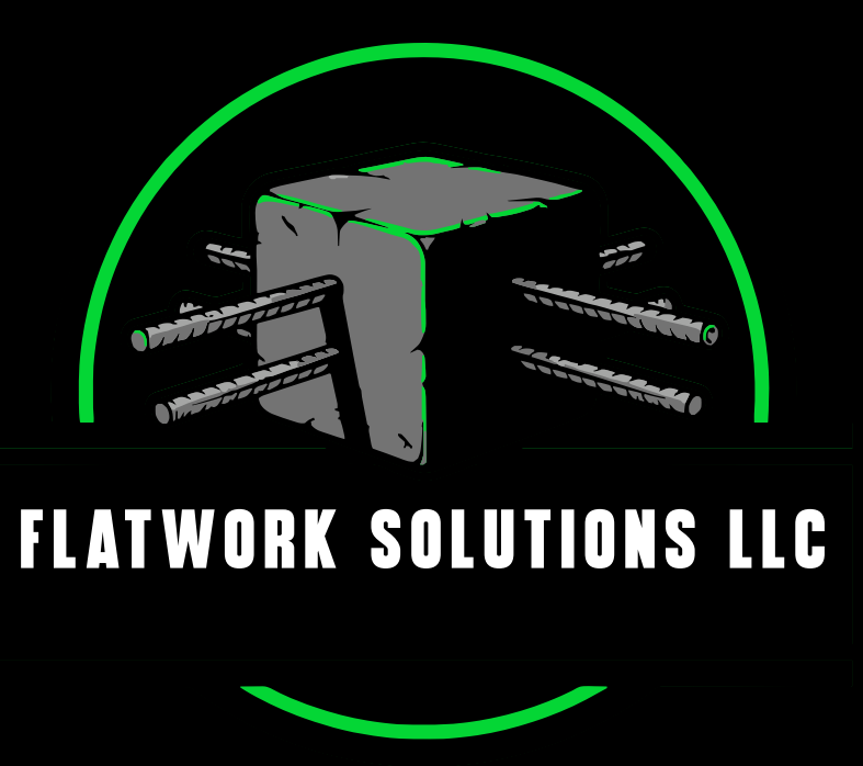 Flatwork Solutions LLC logo with green ring and concrete formwork graphic on black background
