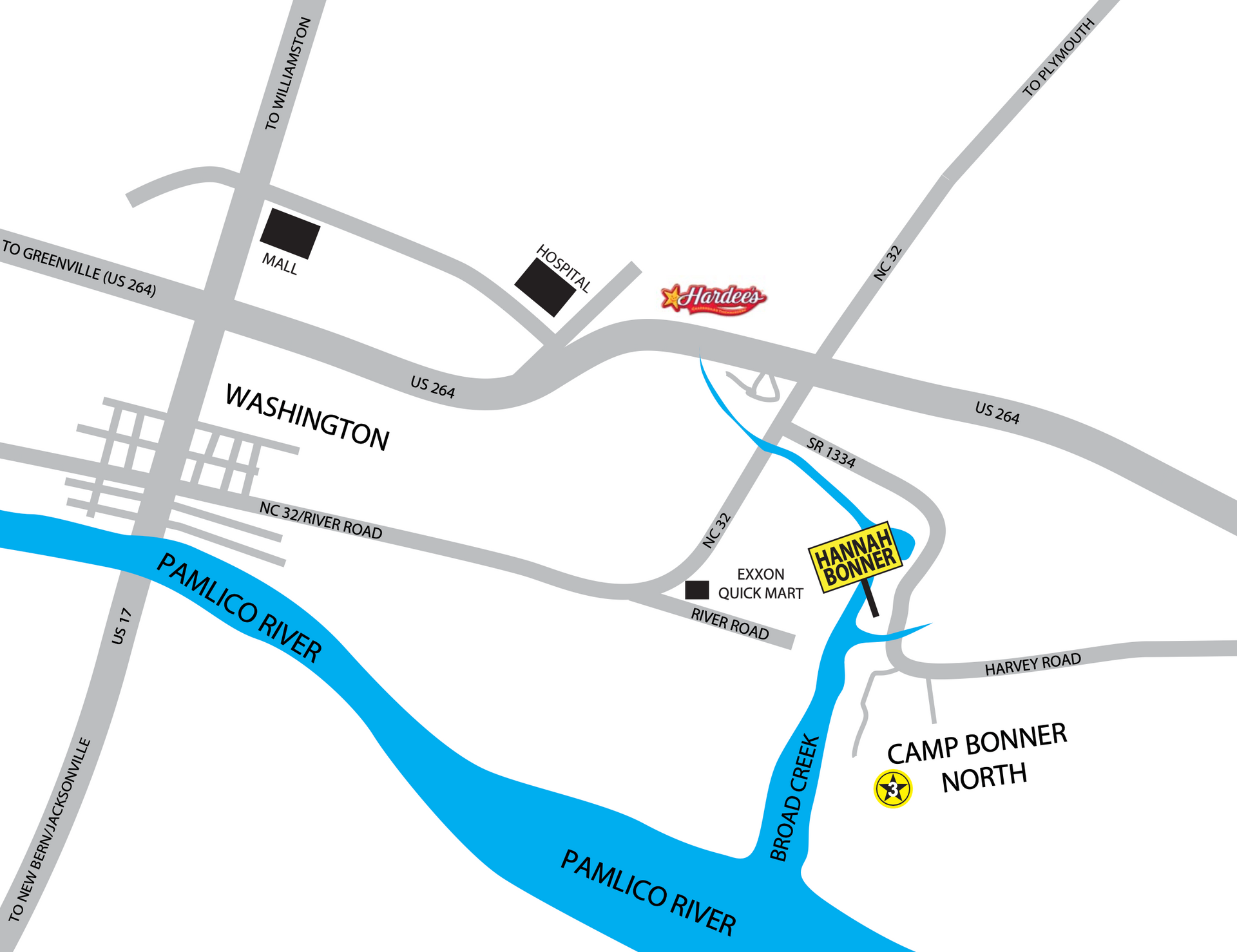 A map showing roads and major landmarks, including the Pamlico River, Washington, and Camp Bonner North.