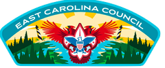 East Carolina Council Boy Scouts of America emblem featuring a red eagle, two lighthouses, and a forest scene.
