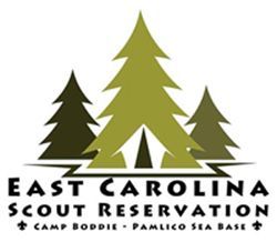 Logo for East Carolina Scout Reservation featuring three stylized evergreen trees and a tent silhouette, with text below.