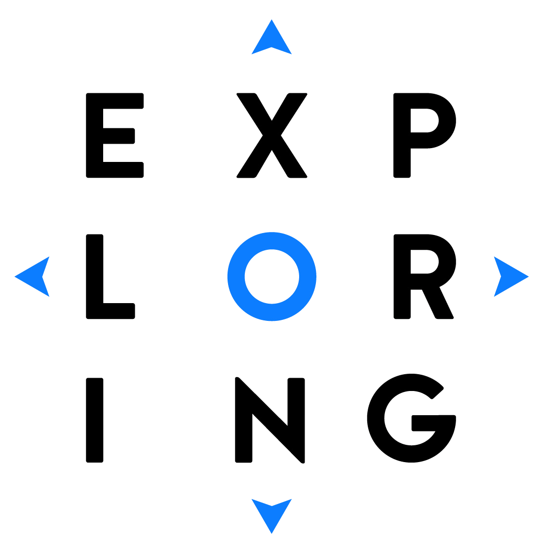 Logo for Exploring Clubs: a word mark with the letters arranged in a square, featuring blue compass-like arrows.