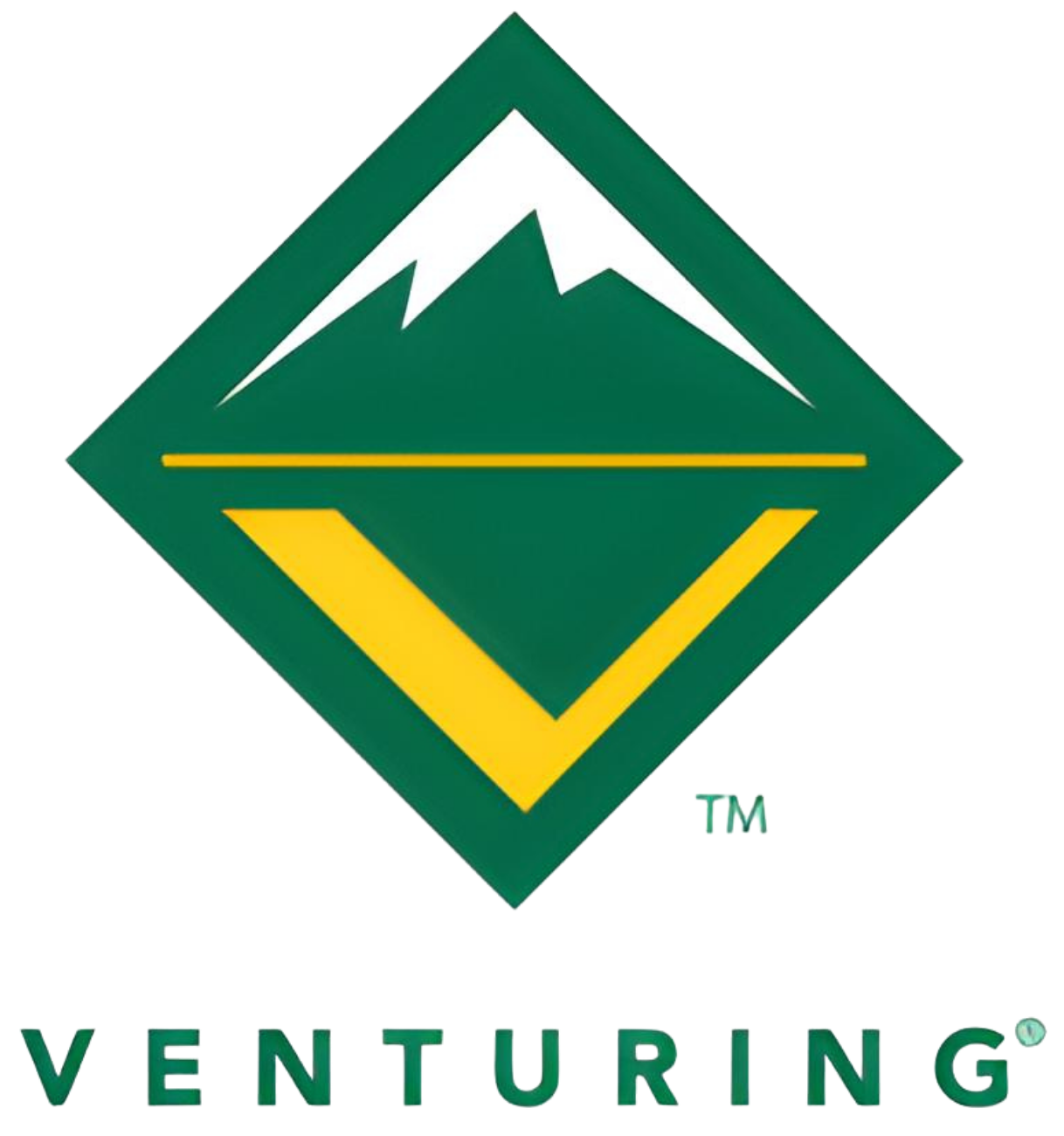 Venturing logo: A dark green diamond with a white mountain peak above a yellow