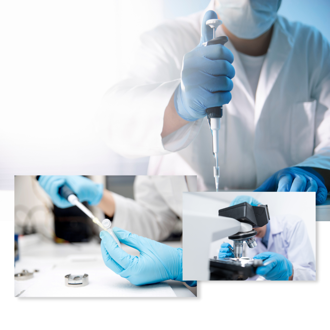Scientist in lab coat and gloves using a pipette and microscope; performing a scientific experiment.