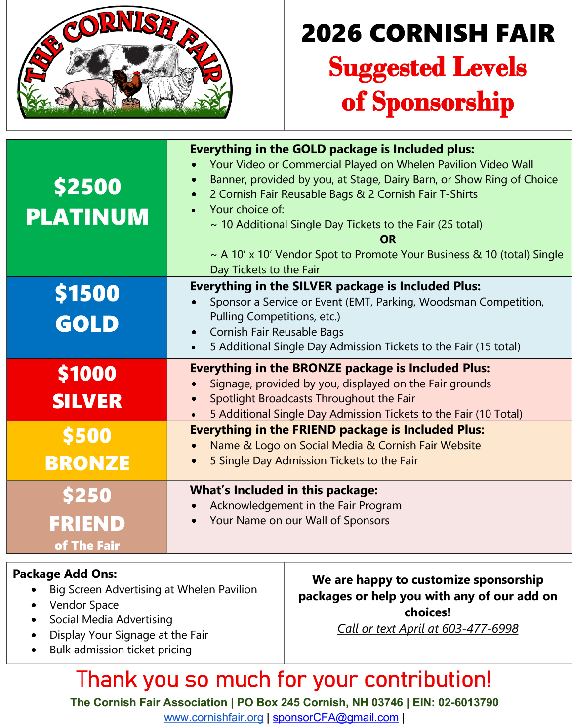 2026 Cornish Fair sponsorship levels flyer with color-coded donation tiers and benefits details