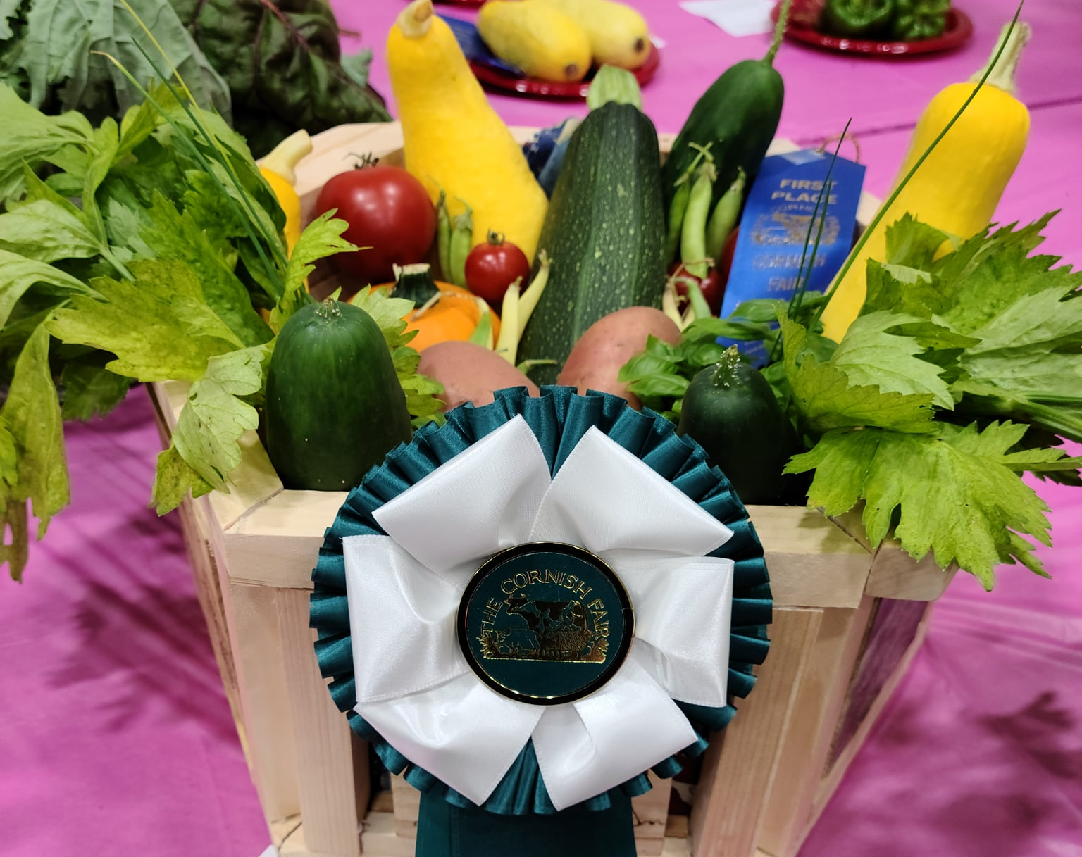 Basket of assorted fresh vegetables with a blue-and-white ribbon on a pink tablecloth