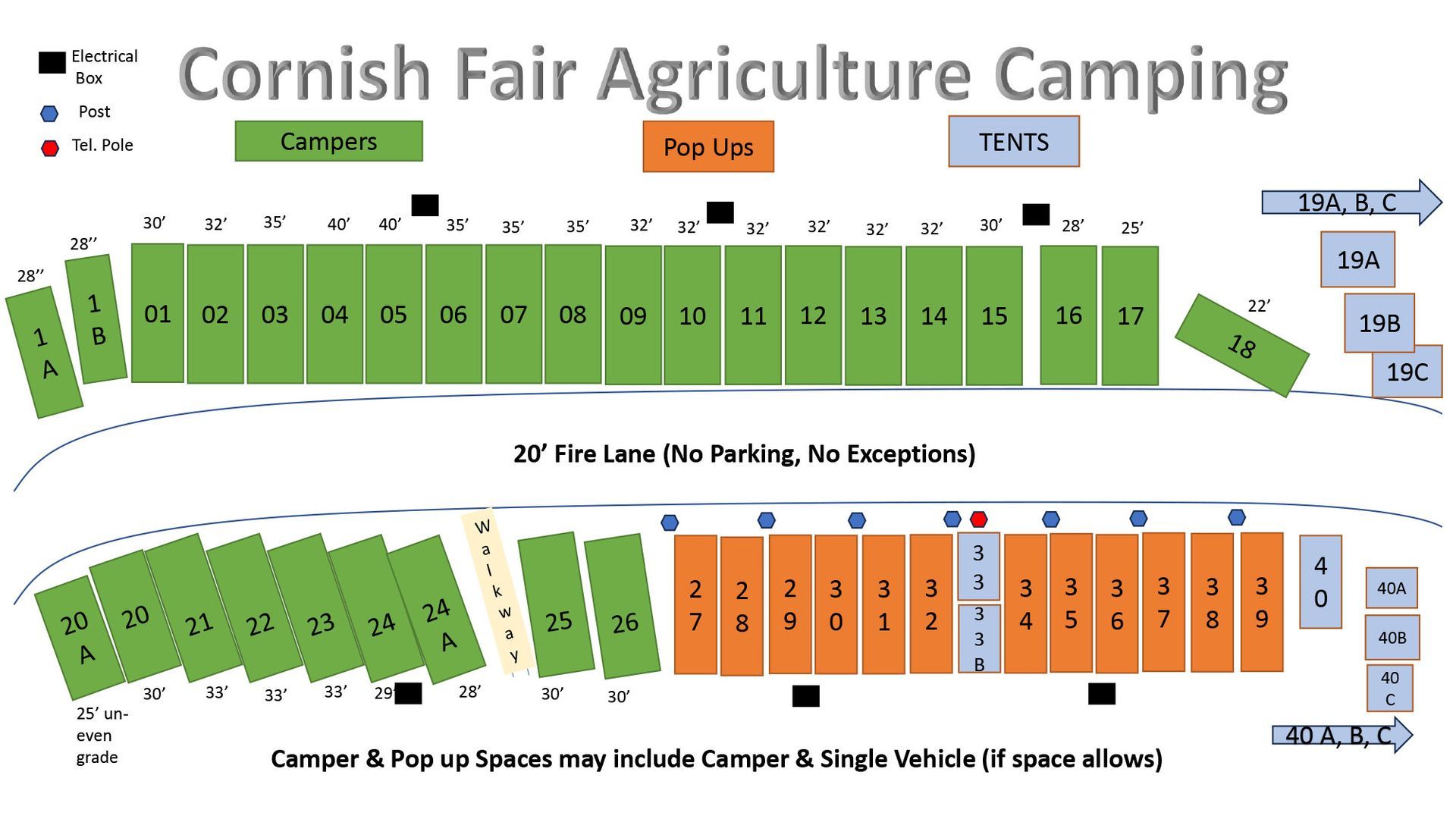 Cornish Fair Agriculture Camping site map with numbered green and orange plots and road layout