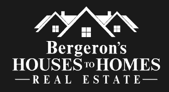 Bergeron's Houses to Homes real estate logo with white house roofs on a black background