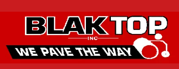 Blak Top logo on red background with “We Pave the Way” and a white road roller icon