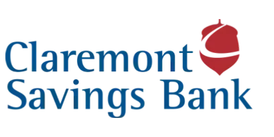 Claremont Savings Bank logo with blue text and a red acorn icon