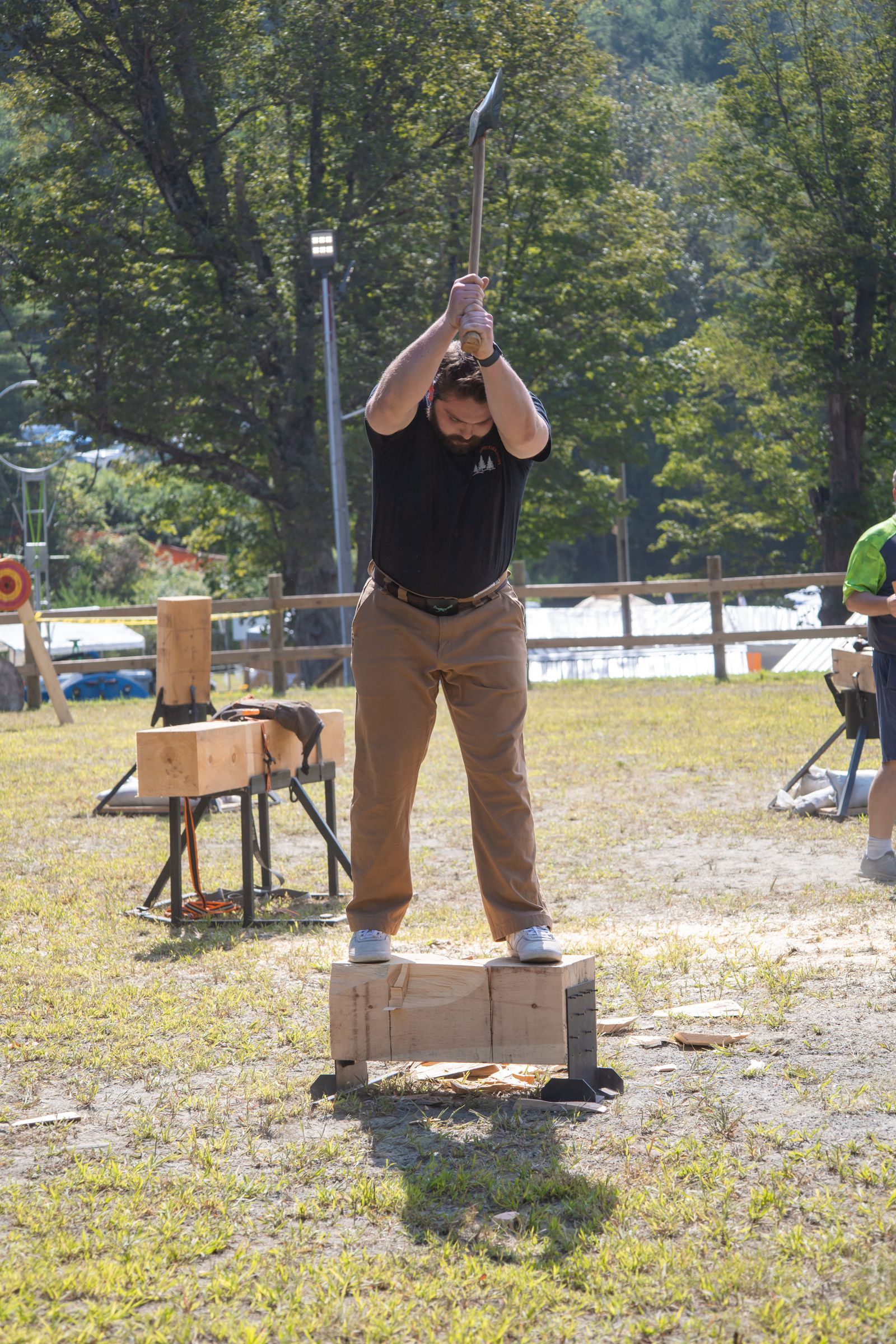 Person chopping wood on a stump in a sunny outdoor yard