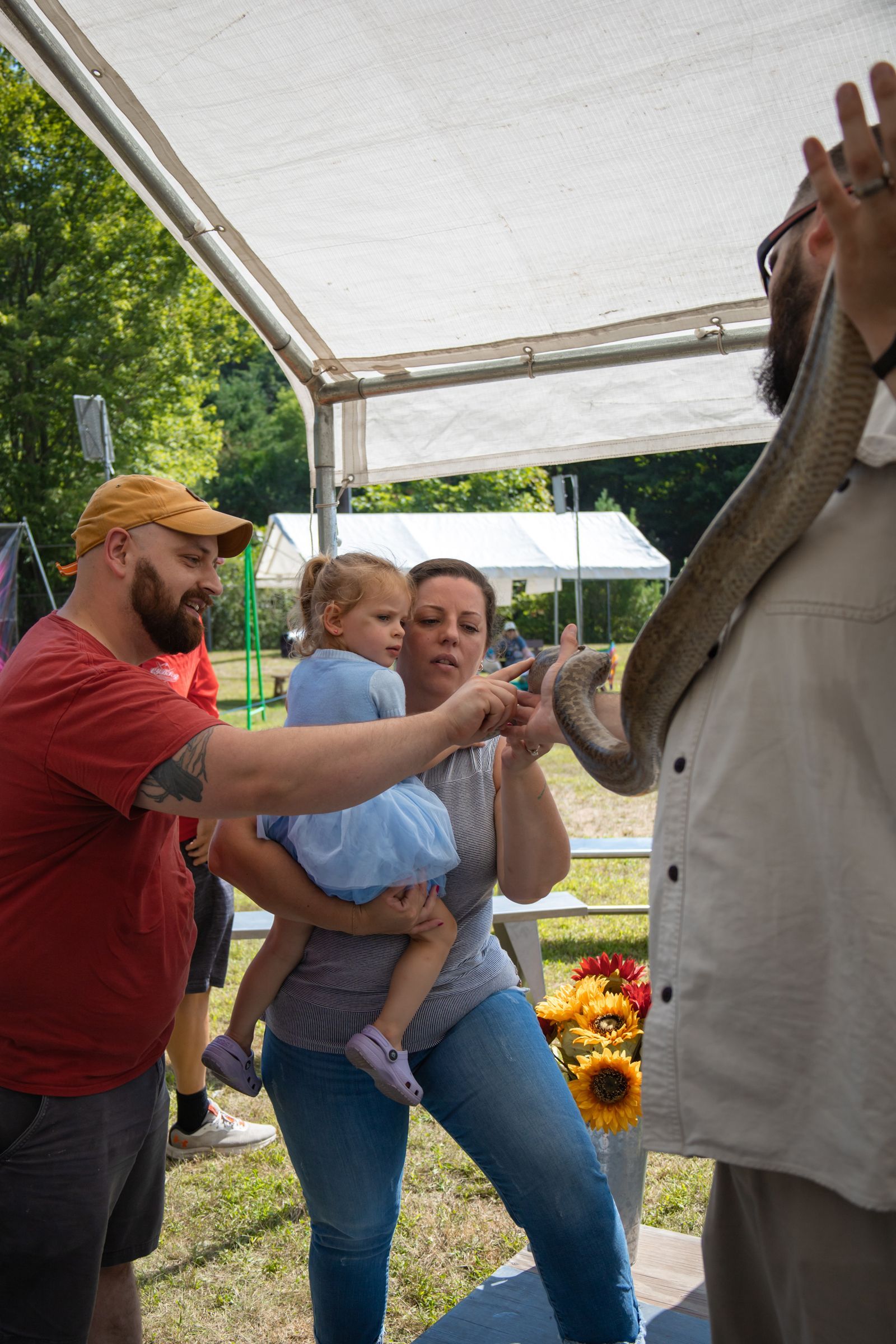 Man in red shirt reaching toward a horse while holding a baby under a white canopy at an outdoor event