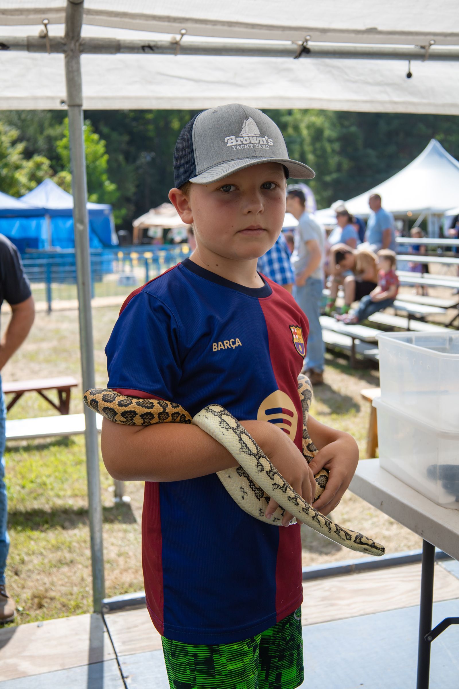 Child holding a patterned snake at an outdoor event, wearing a blue and red shirt and gray cap