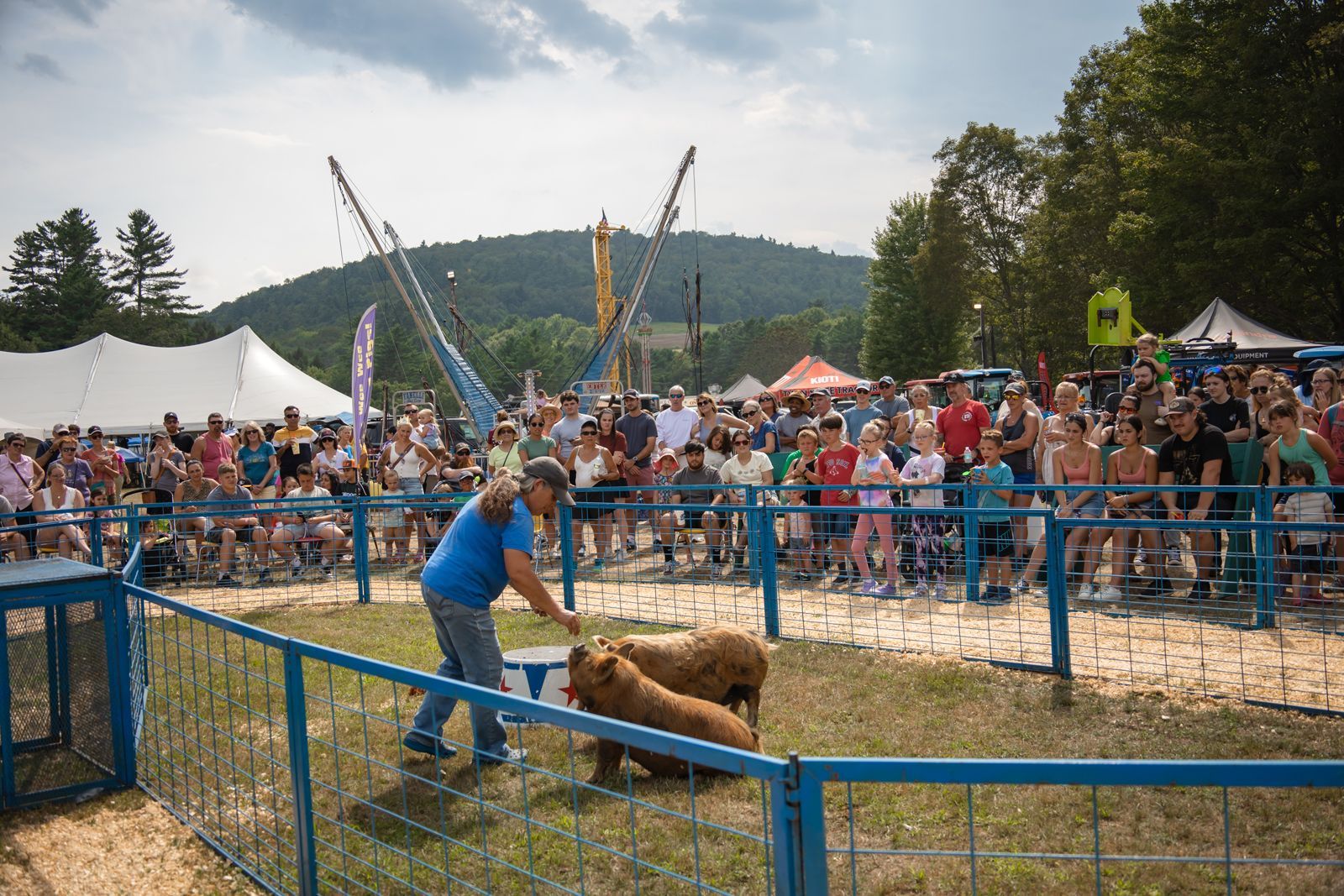 Woman in blue guiding a sheep in a fenced outdoor arena at a fair, with spectators and mountains behind.