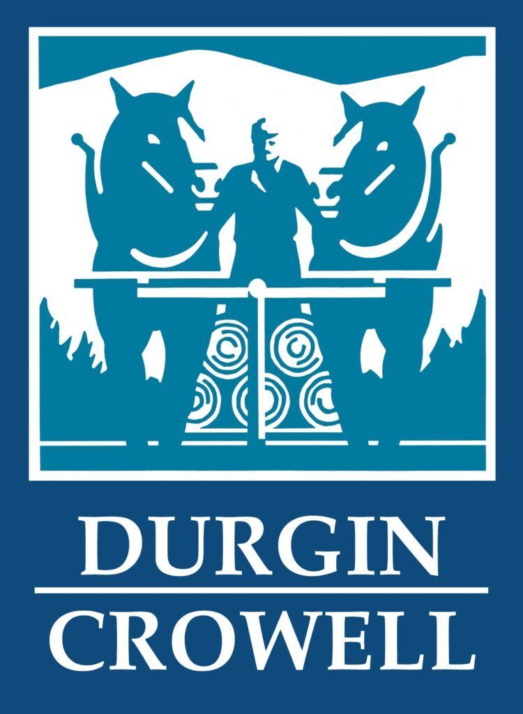 Durgin Crowell logo with teal background, white border, and stylized horse figures above the company name.