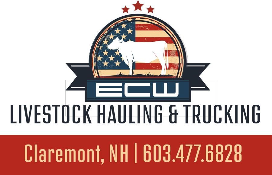 ECU Livestock Hauling & Trucking logo with a truck, stars, and Claremont, NH phone number.