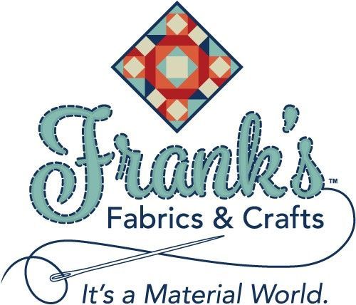 Frank’s Fabrics & Crafts logo with quilt block and slogan “It’s a Material World.”