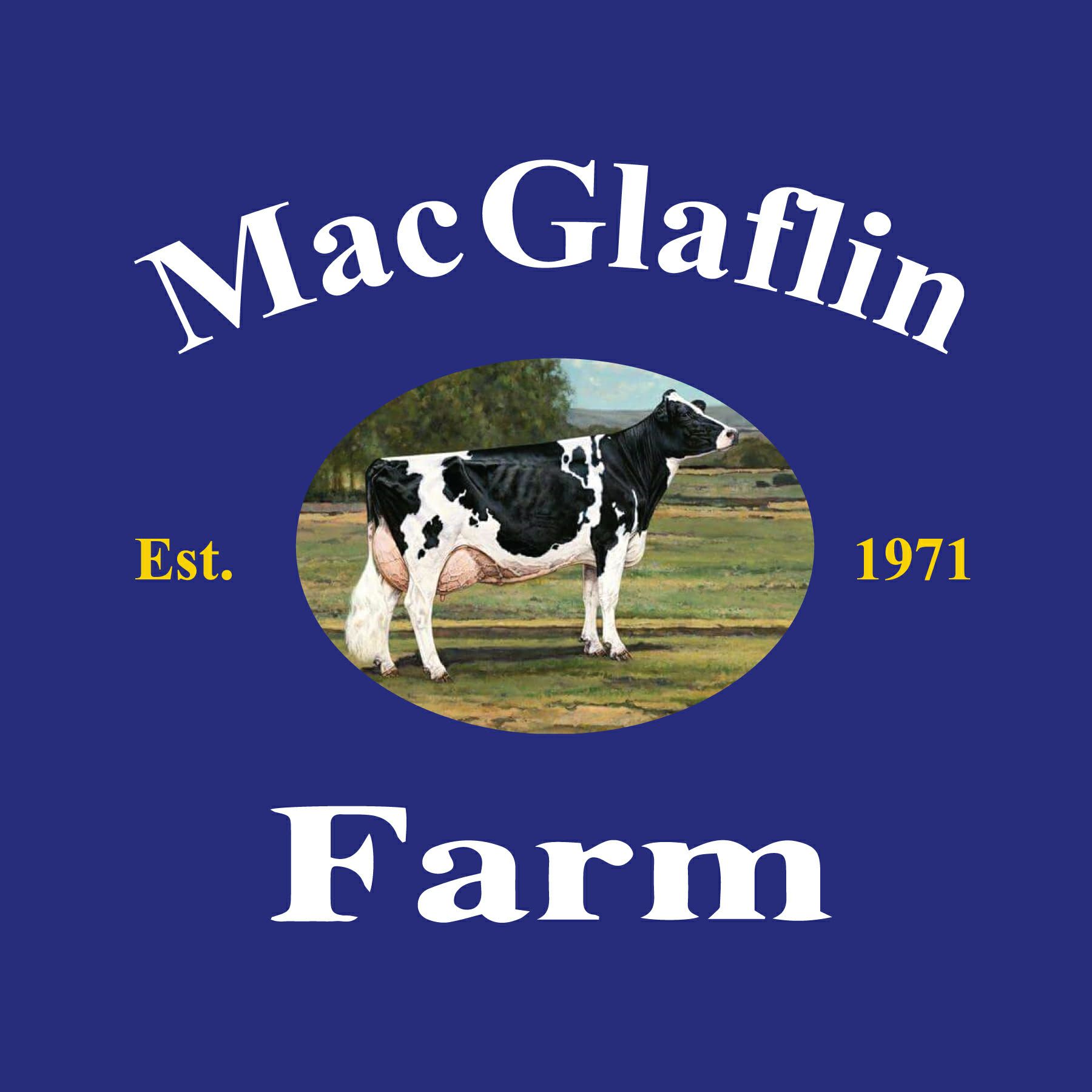 MacGlaflin Farm logo with a black-and-white cow, blue background, and “Est. 1971” text