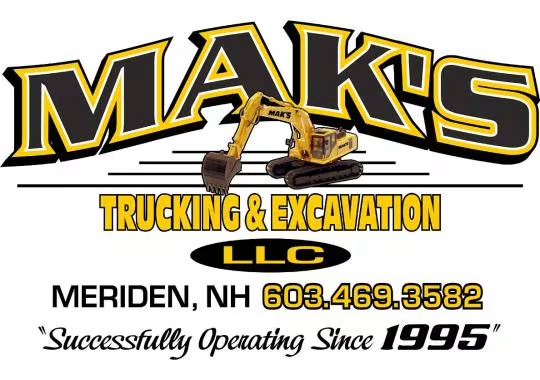 MAK'S Trucking & Excavation LLC logo with excavator, Meriden, NH phone number, and “Successfully Operating Since 1995”