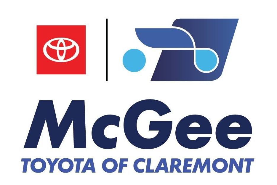 McGee Toyota of Claremont logo with Toyota emblem and blue abstract icon on white background
