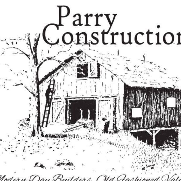 Black-and-white logo of a barn with tree and the text “Parry Construction”