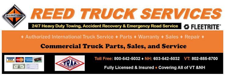 Reed Truck Services banner in orange and black with services, logos, and contact numbers