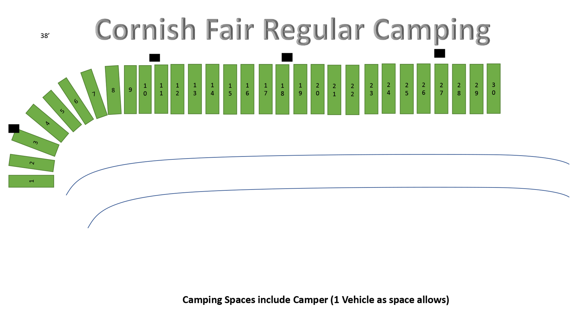 Cornish Fair Regular Camping layout with green campsite blocks arranged in rows and labeled sections.