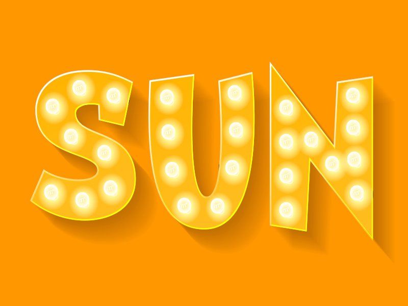 Yellow marquee-style word “SUN” on an orange background with glowing light bulbs inside the letters