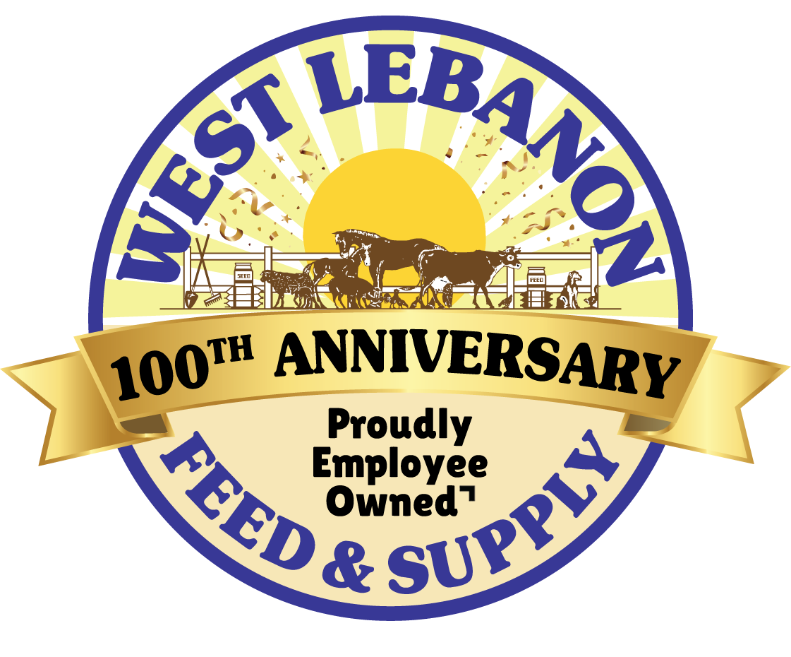 West Lebanon Feed & Supply 100th anniversary logo with sun, farm scene, and gold ribbon