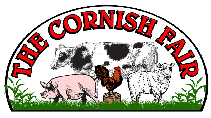 The logo for the cornish fair shows a cow , pig , chicken and sheep.